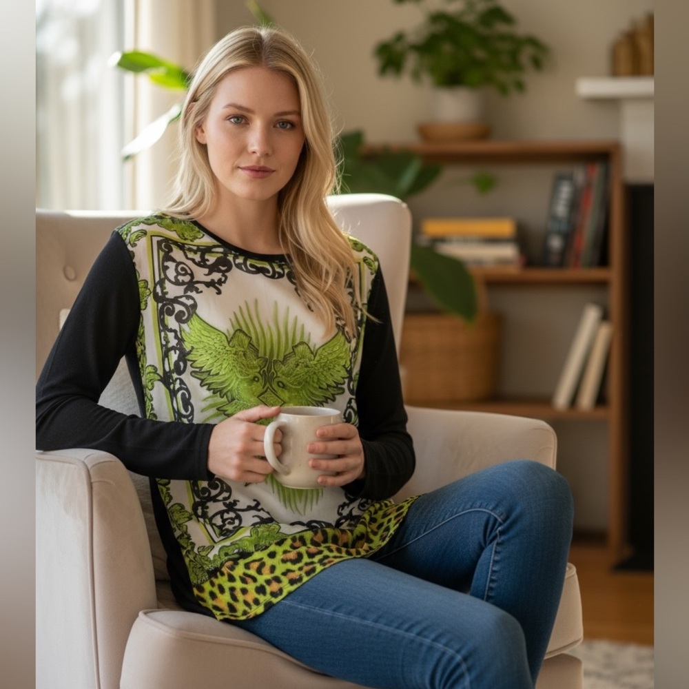 Just Cavalli Black and Green Long Sleeve Top.